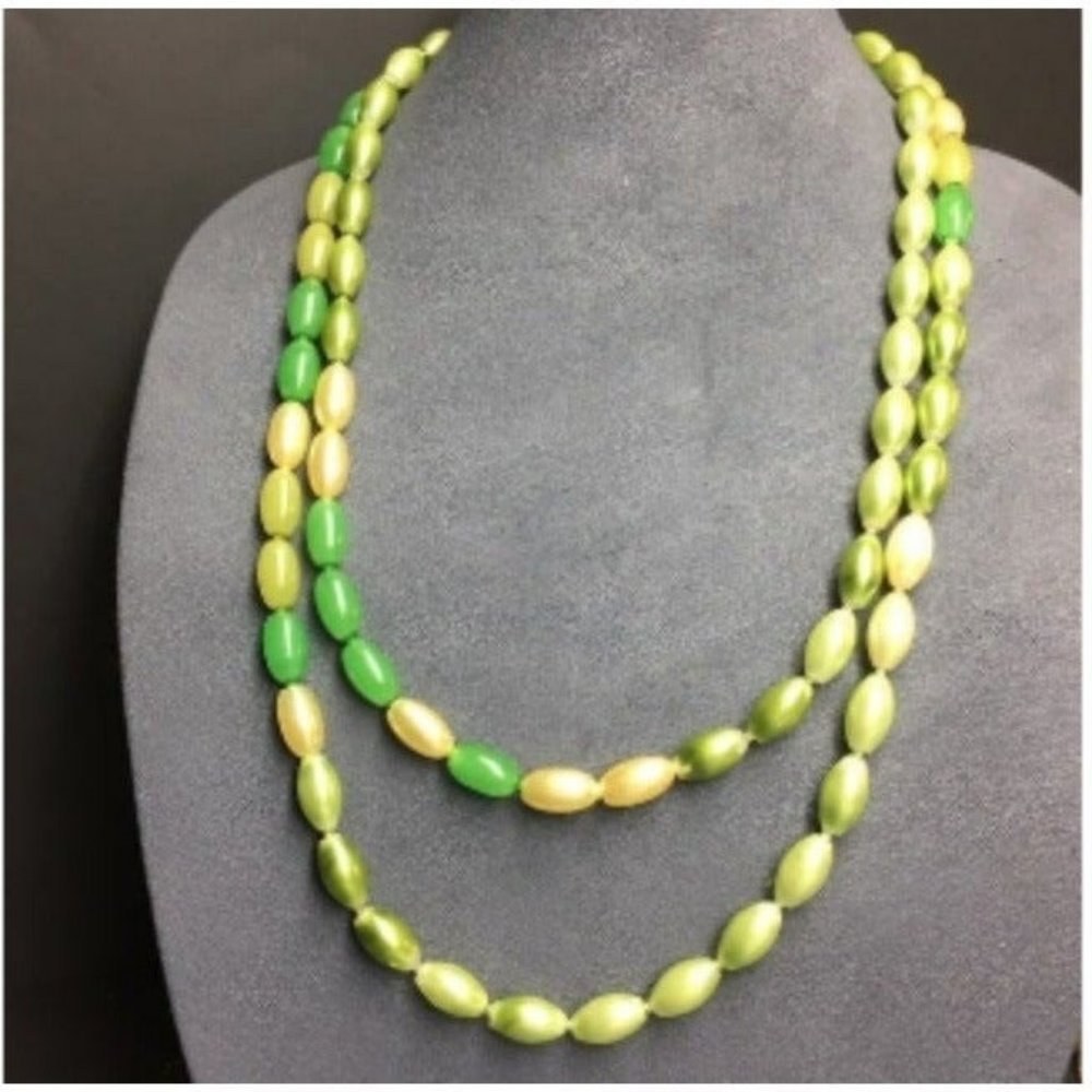 VTG Pop Bead Necklace Long Oval Pearl Multi Green Adjustable Retro